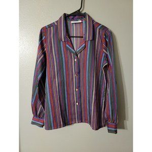 Lady Holiday Striped Vintage Vibrant Satin Button Up Long Sleeve Blouse READ
